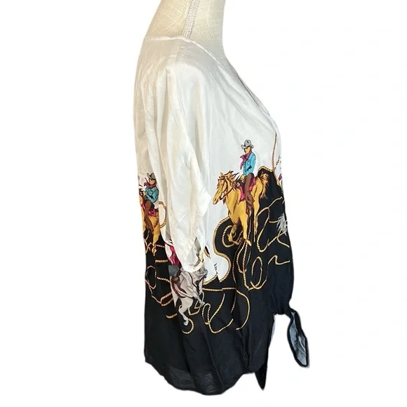 Roper Short Sleeve Button Up Blouse White Black Cowboy Rodeo Tie Front Womens L - Picture 3 of 9